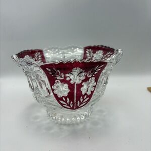 Anna Hutte Bleikristall Ruby Red and Clear Crystal 4"T Candy Dish Bowl,‎ Zigzag
